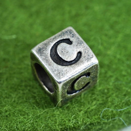 Vintage sterling silver handmade pendant, 925 cube charm engraved letter “C”