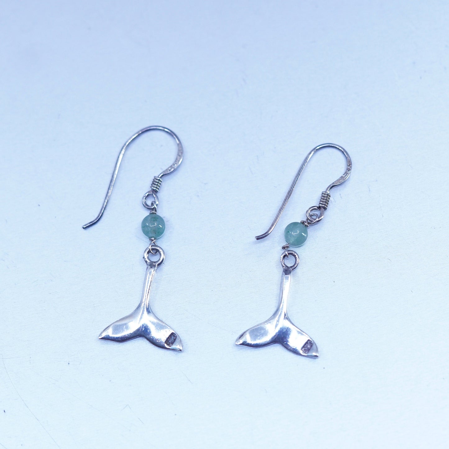 Vintage Sterling 925 silver handmade whale tail earrings with jade