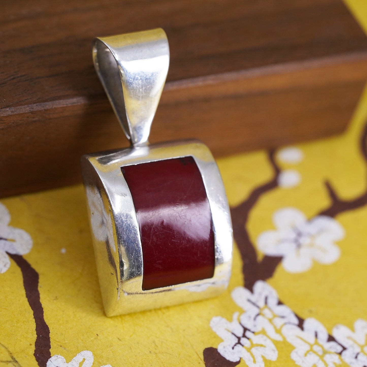 Vintage Sterling 925 silver handmade rectangular pendant with red jasper