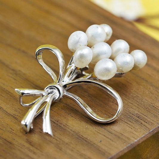 Vintage handmade sterling silver brooch, 925 flower with bobbin bow, faux pearl