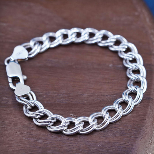 6.5”, VTG Sterling silver handmade charm bracelet, 925 double curb link chain