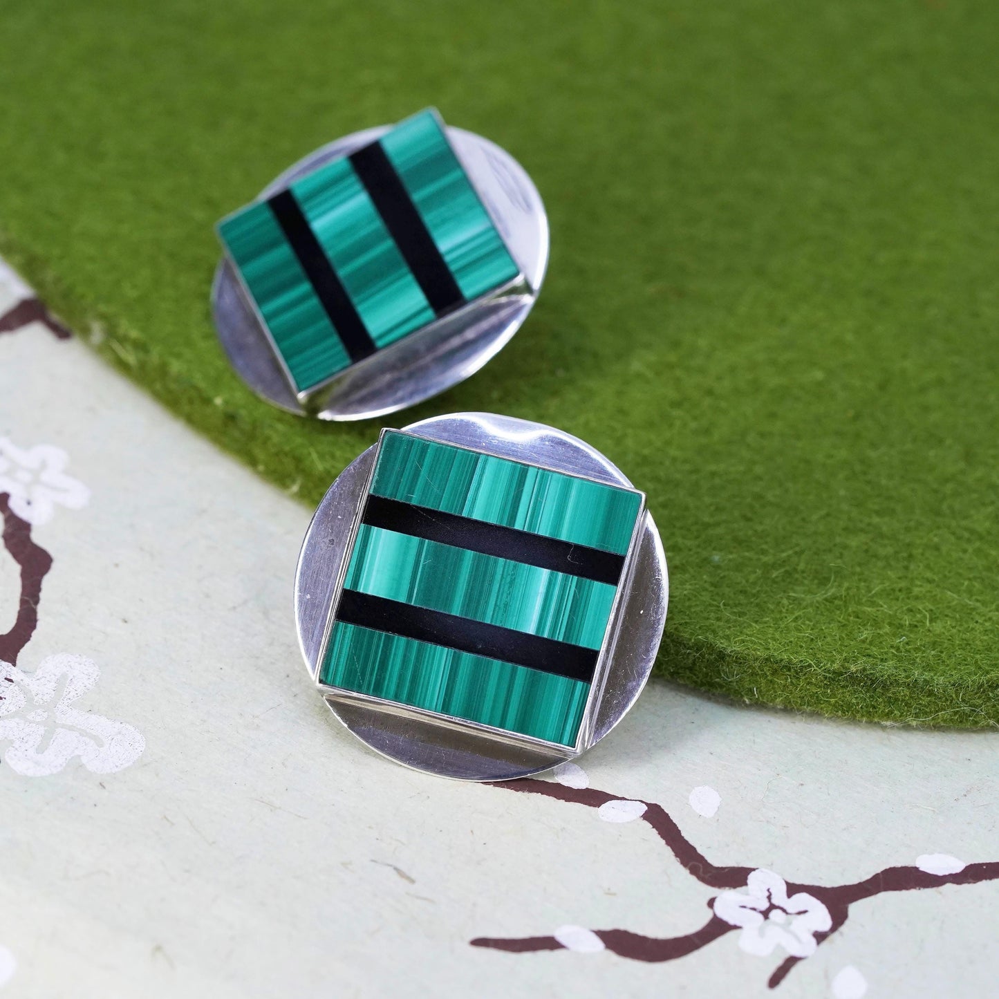 southwestern sterling silver earrings, circle square 925 studs malachite onyx