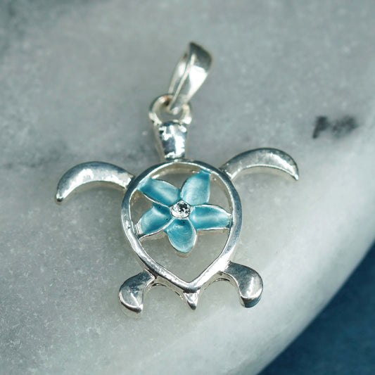 Sterling silver handmade pendant, 925 sea turtle charm with plumeria flower cz