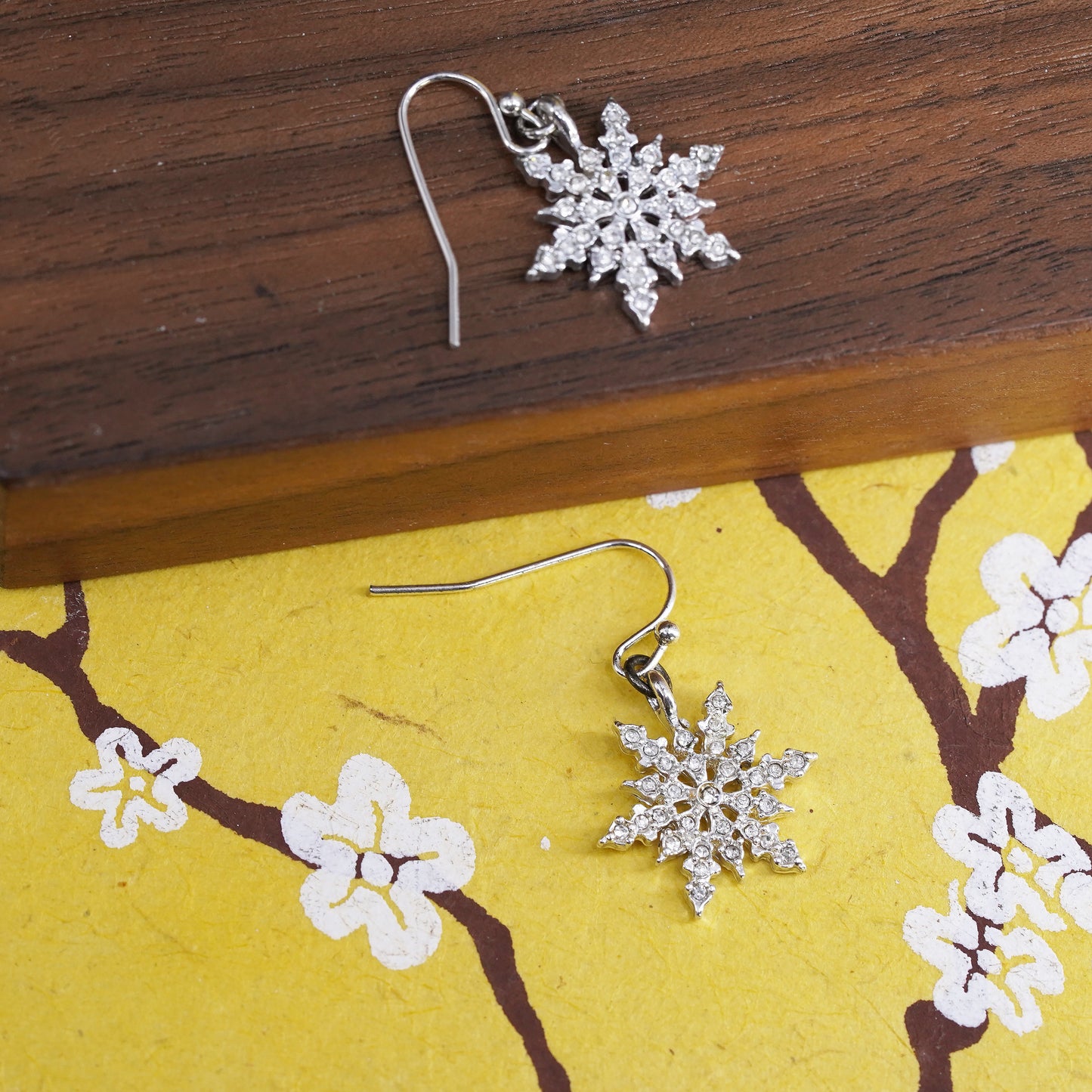 Vintage Sterling silver handmade earrings, 925 snowflake drops with cz