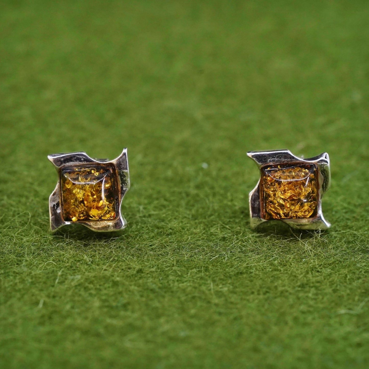 Vintage Sterling 925 silver handmade earrings with square amber studs