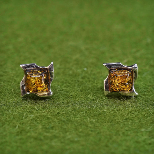 Vintage Sterling 925 silver handmade earrings with square amber studs