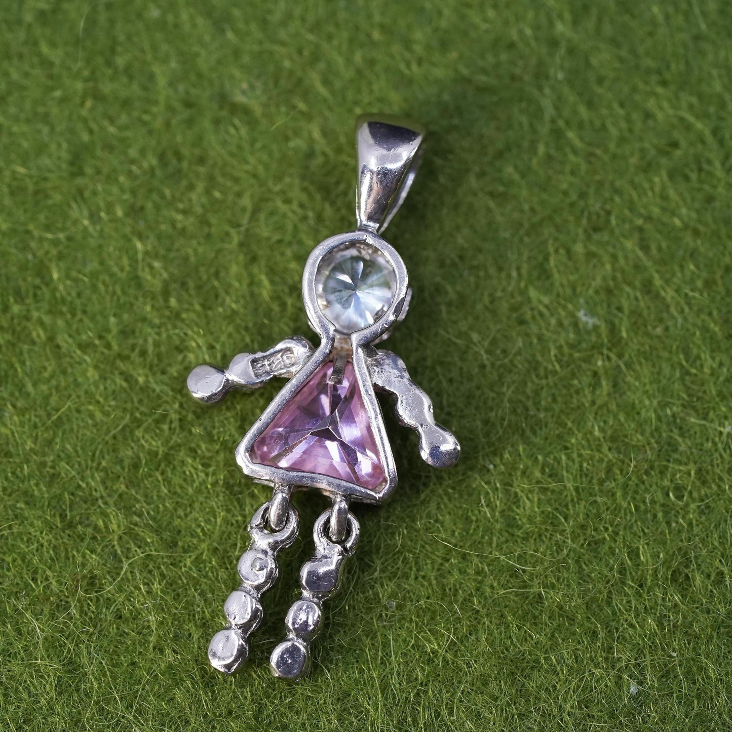 Vintage sterling 925 silver birthstone pendant pink crystal girl figure charm