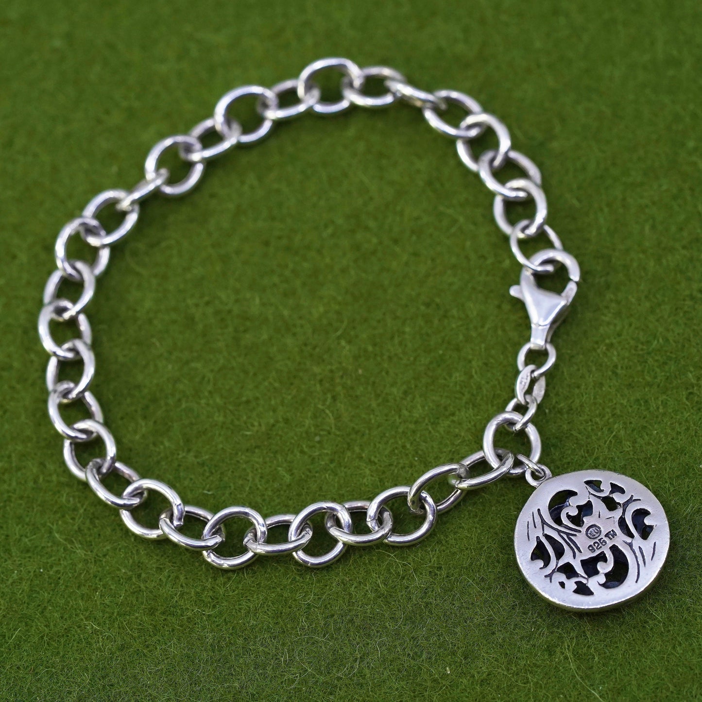 7", sterling 925 silver circle link charm bracelet with filigree circle charm