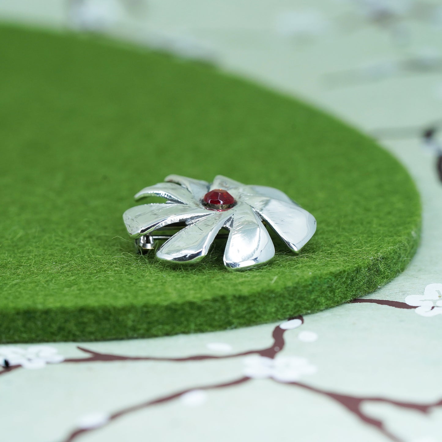 Vintage sterling silver handmade flower brooch, 925 pin with red cz