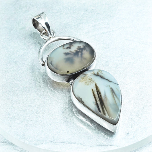 Vintage sterling 925 silver handmade pendant with teardrop dendritic agate