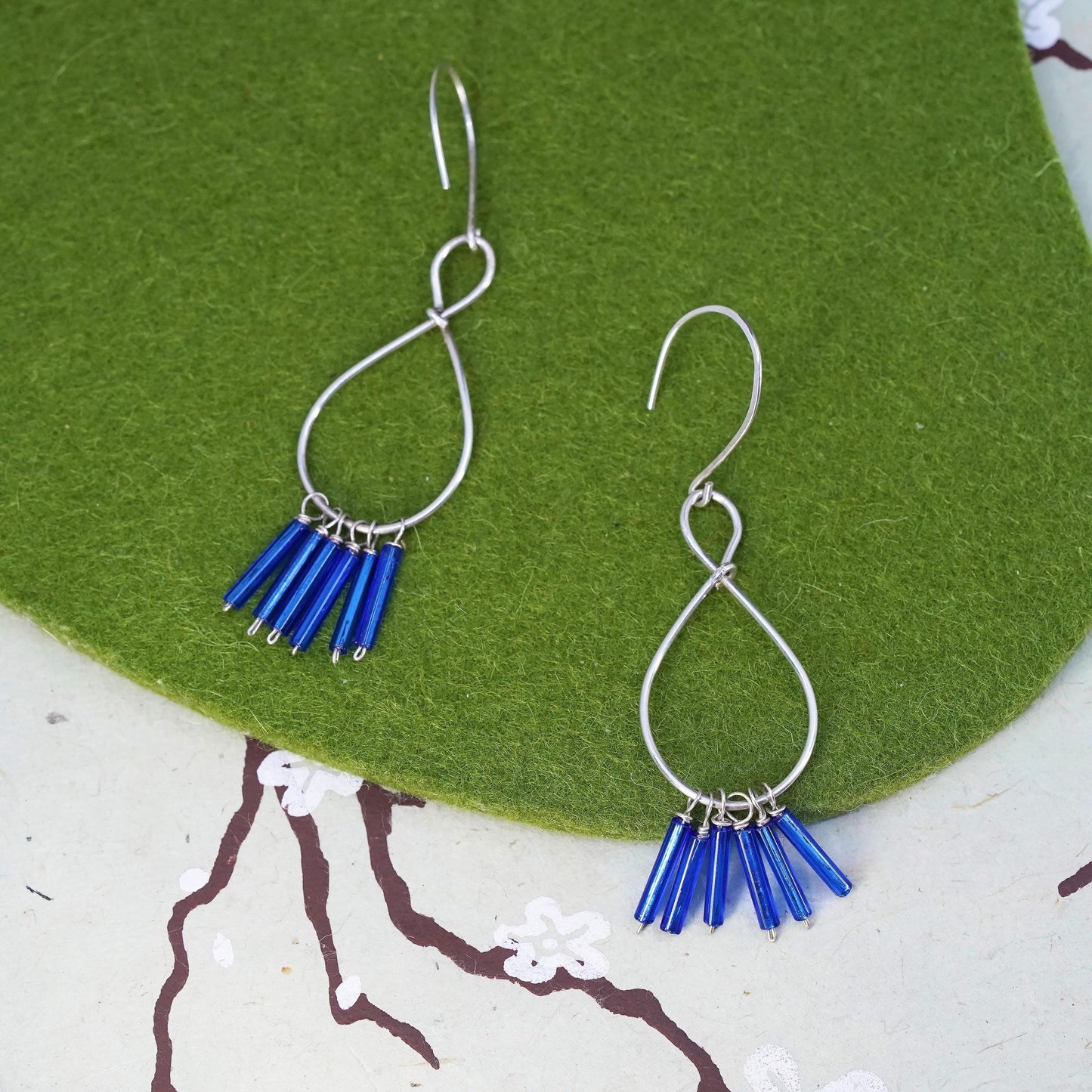 sterling silver wired earrings, 925 infinity loops cluster blue tube fringe