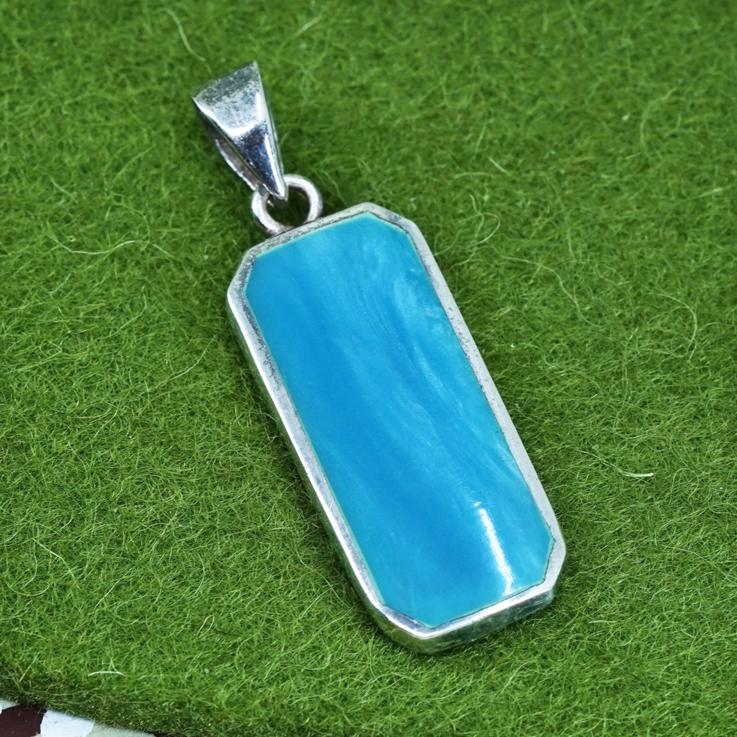 Vintage sterling silver handmade pendant, 925 rectangular charm w/ blue enamel