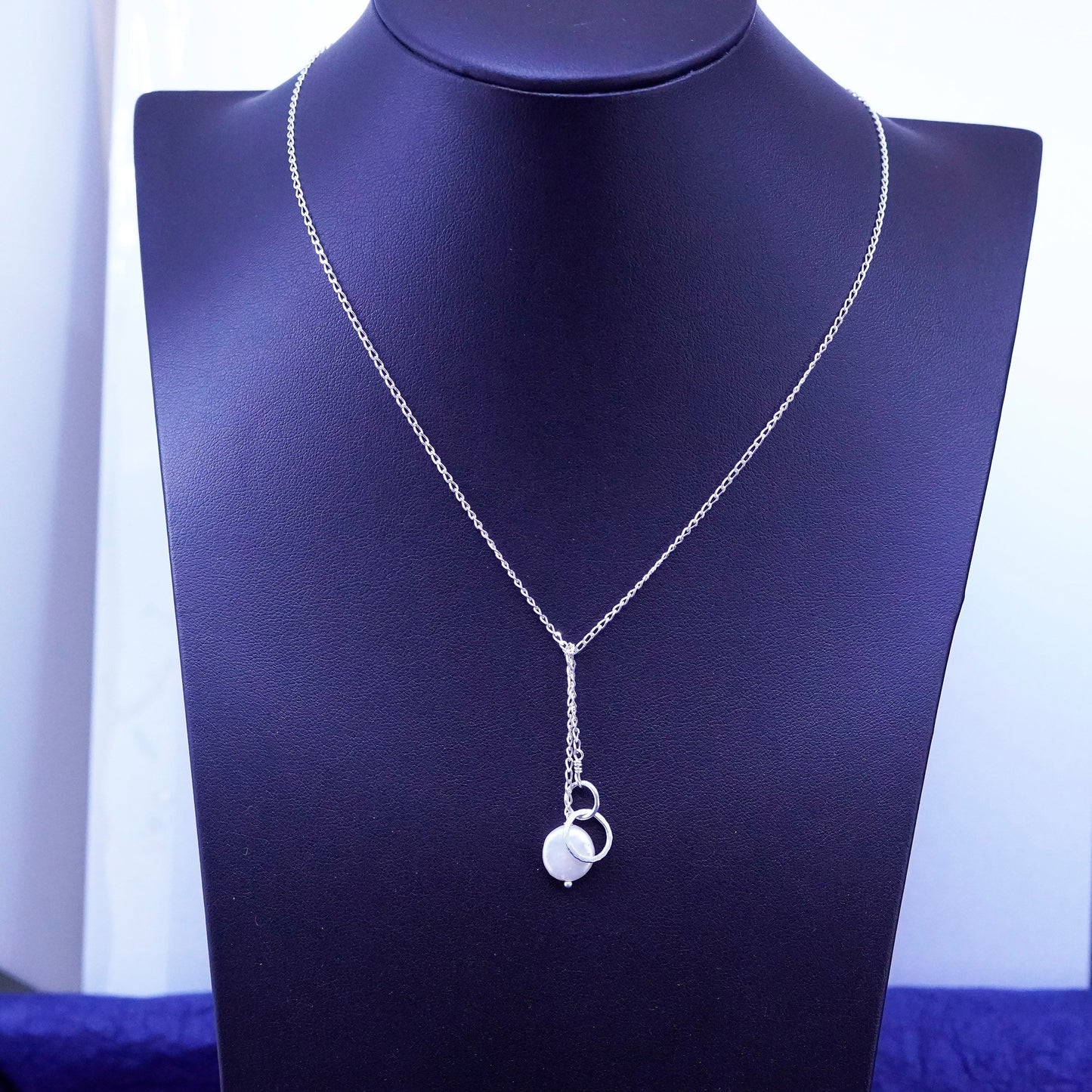 16”, vintage Sterling silver knot necklace, 925 curb chain coin pearl pendant