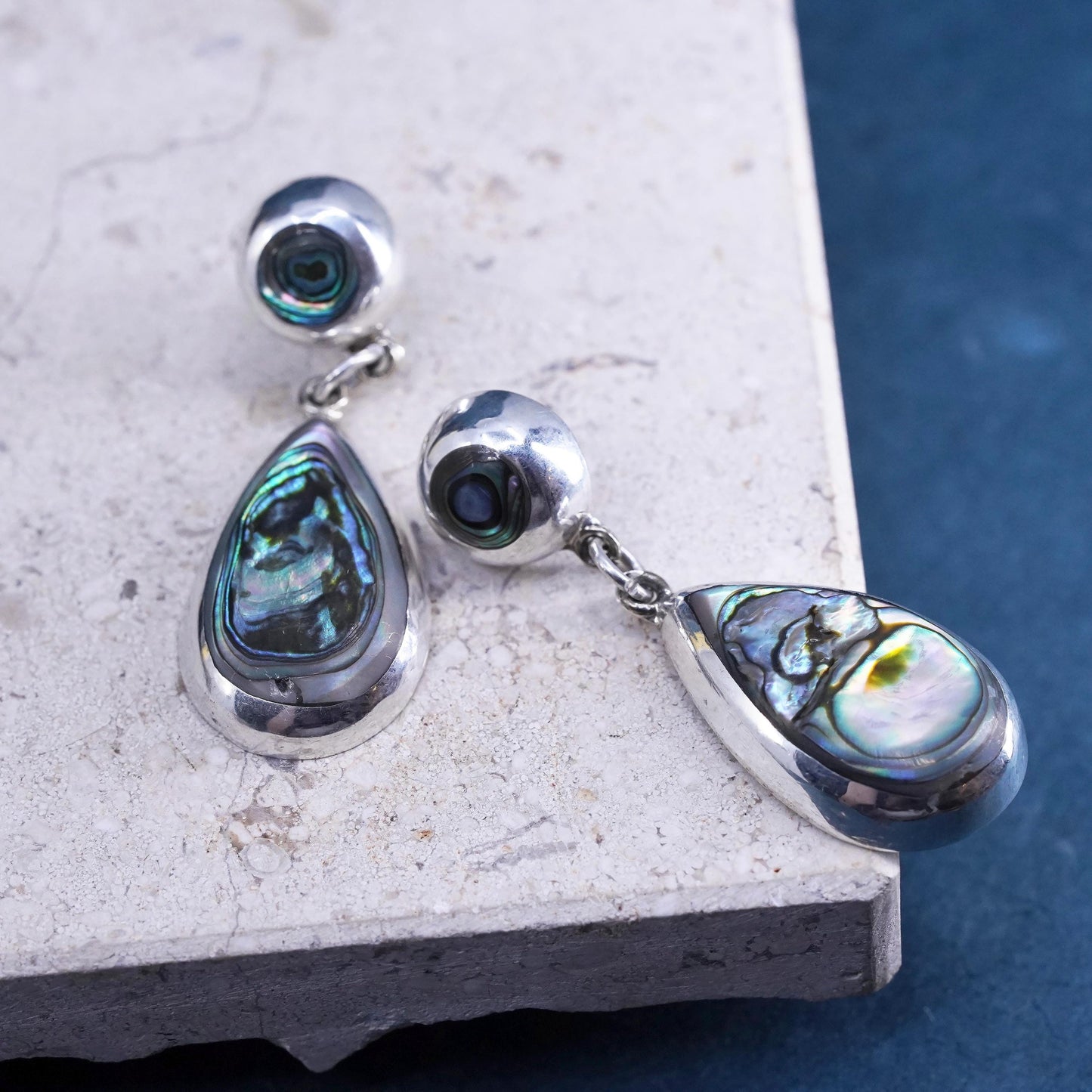 Vintage Mexican Sterling 925 silver handmade teardrop earrings with abalone