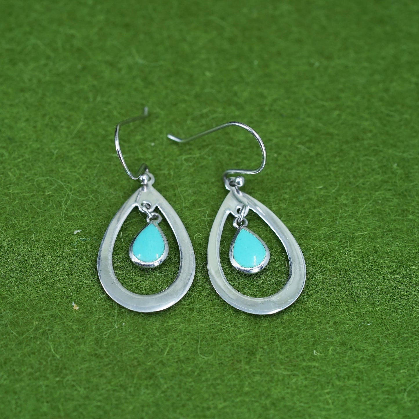 Vintage sterling 925 silver handmade earrings with teardrop turquoise