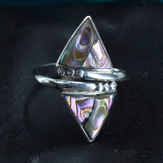 Size 4, vintage mexico sterling 925 silver handmade wrap ring with abalone