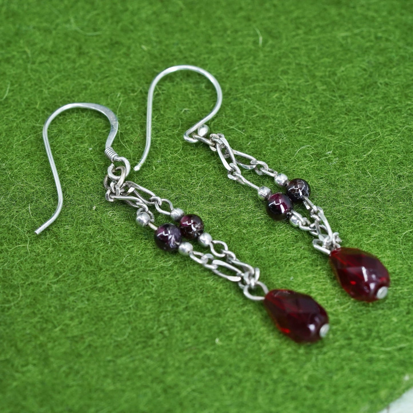 Vintage sterling 925 silver handmade chain earrings with teardrop garnet