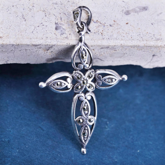 Vintage Sterling 925 silver handmade pendant with marcasite cross pendant