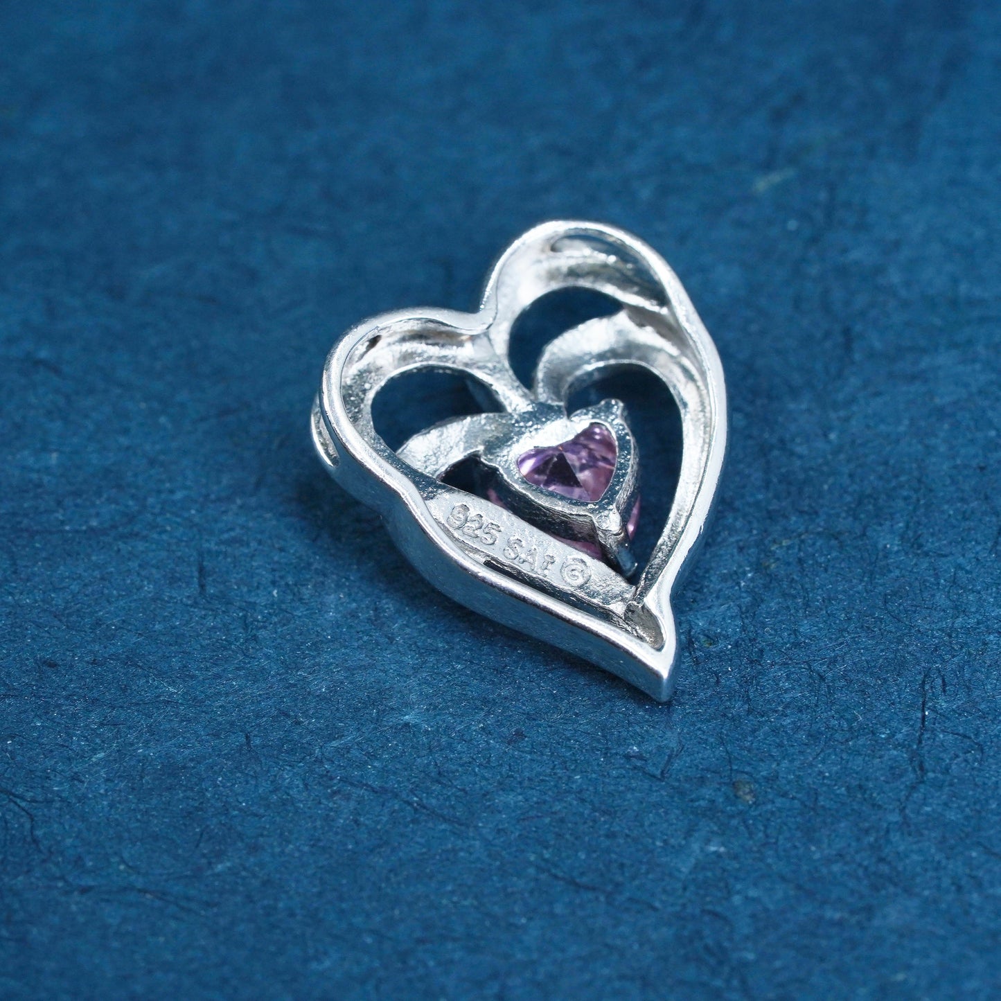 Vintage Sterling silver handmade pendant, 925 double heart with pink cz