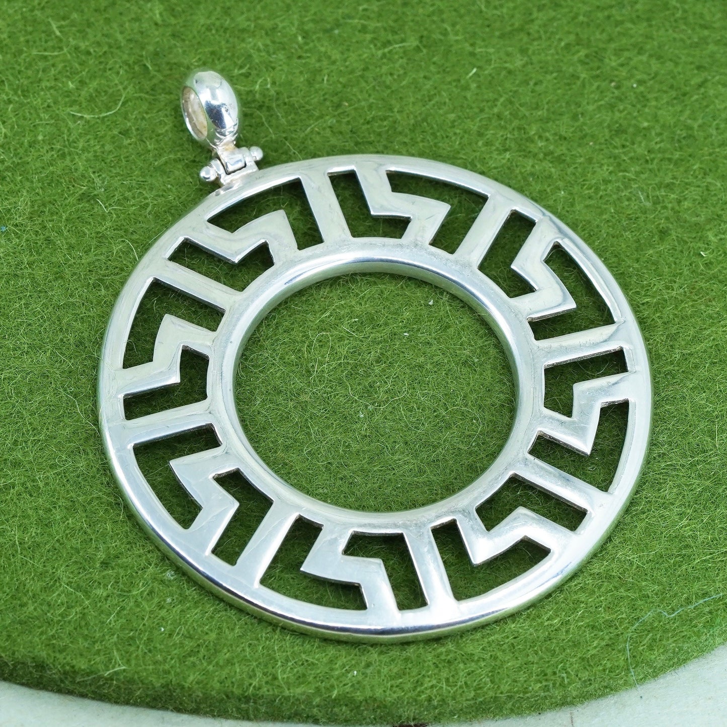 Vintage sterling silver handmade pendant, huge 925 Greek key circle