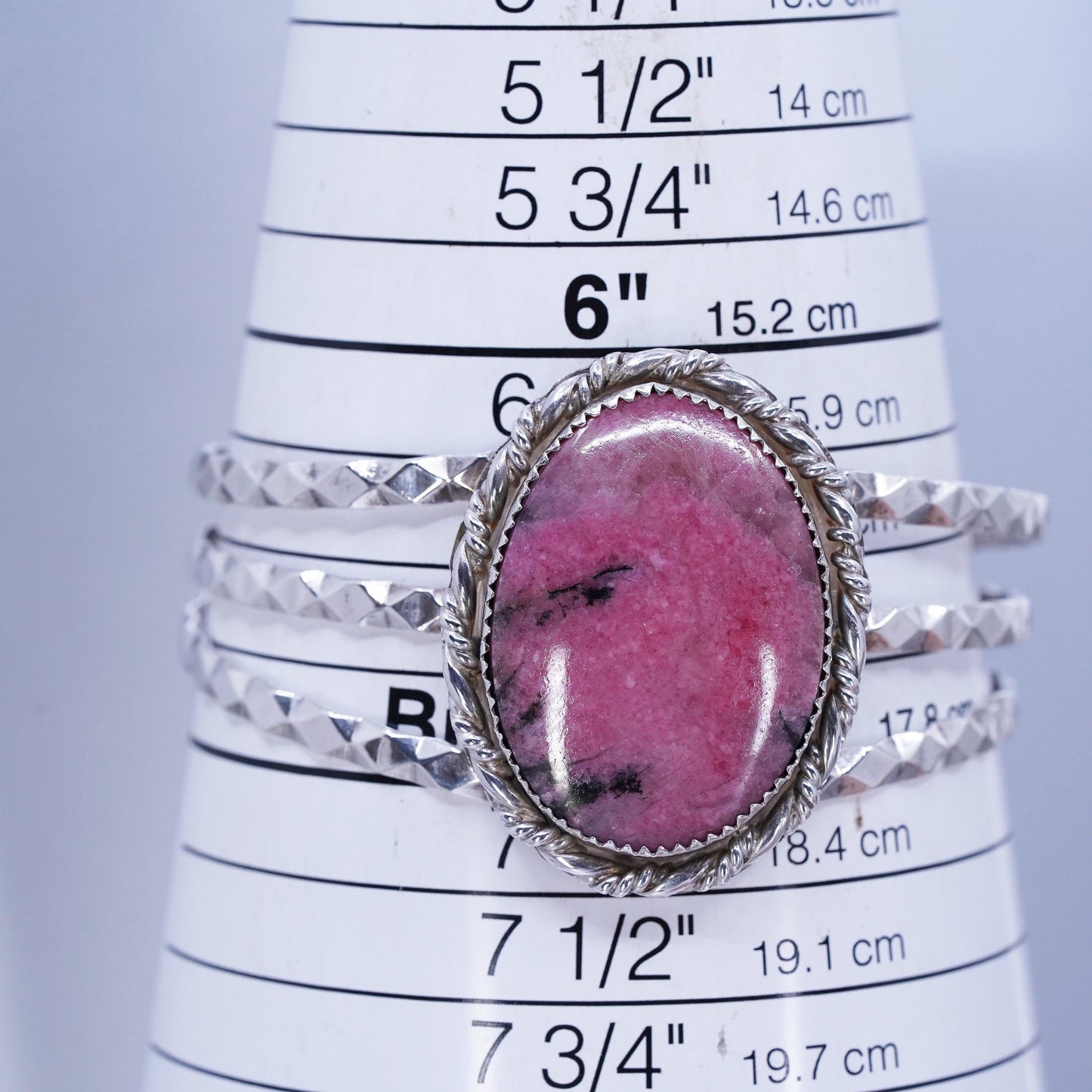 6.5”, Native American Sterling 925 silver wide bracelet, cuff oval rhodonite