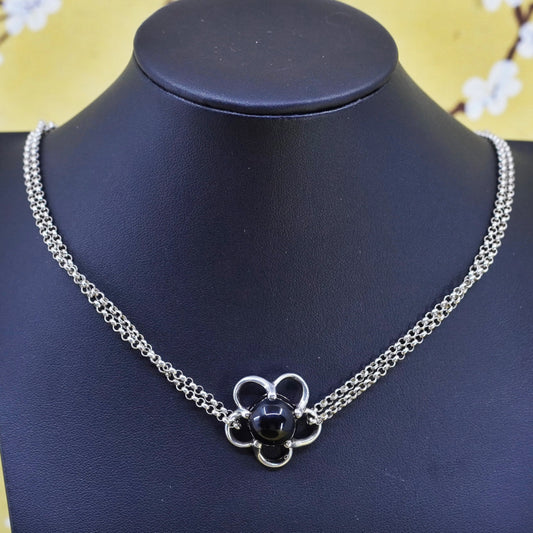 24”, sterling silver necklace, 925 double circle chain onyx flower pendant