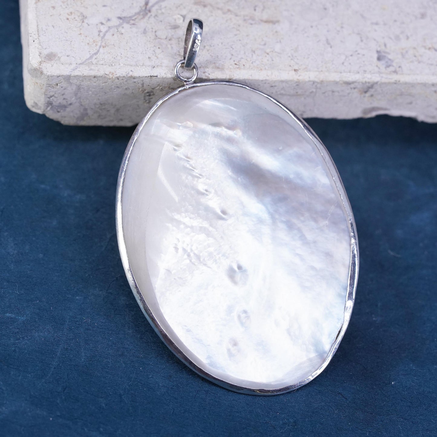 Vintage huge Sterling silver 925 pendant with oval mother of pearl turquoise