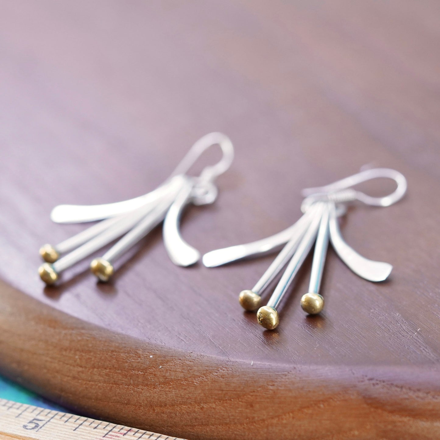 vtg sterling silver handmade earrings, 925 fringe with brass beads, modernist