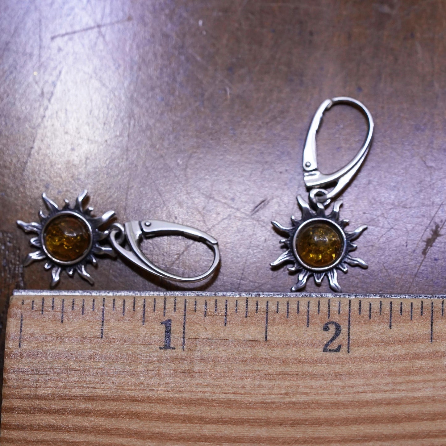 Vintage sterling 925 silver handmade Amber sun earrings with honey amber