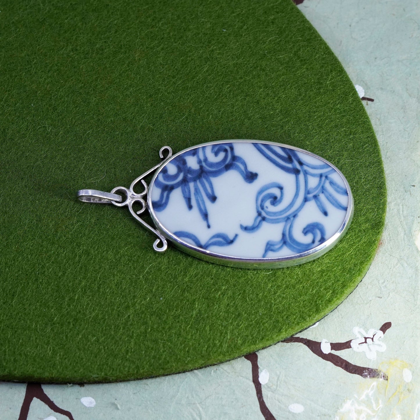 vintage handmade sterling 925 silver pendant with oval blue porcelain China