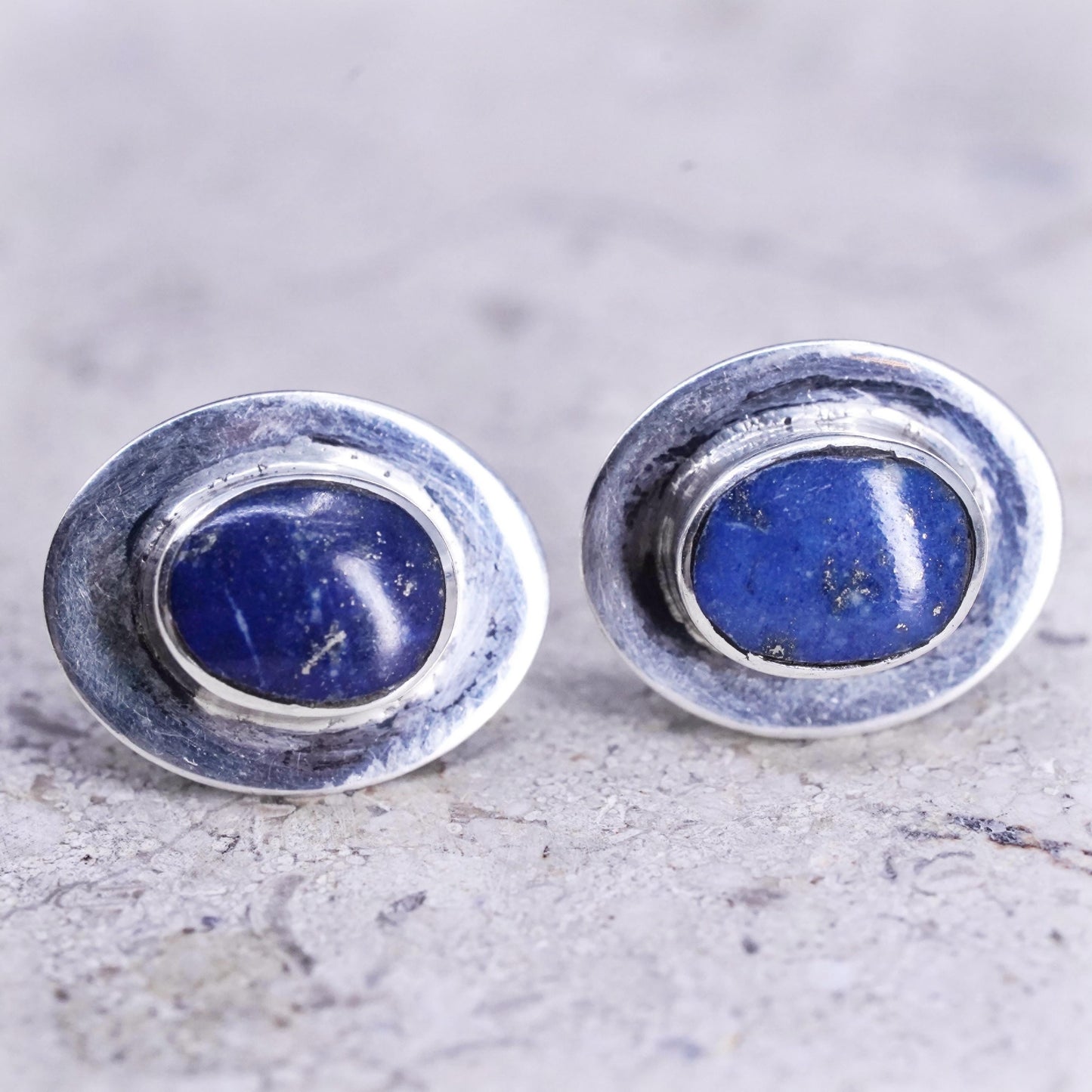 Vintage sterling silver handmade earrings, 925 oval studs lapis lazuli cable