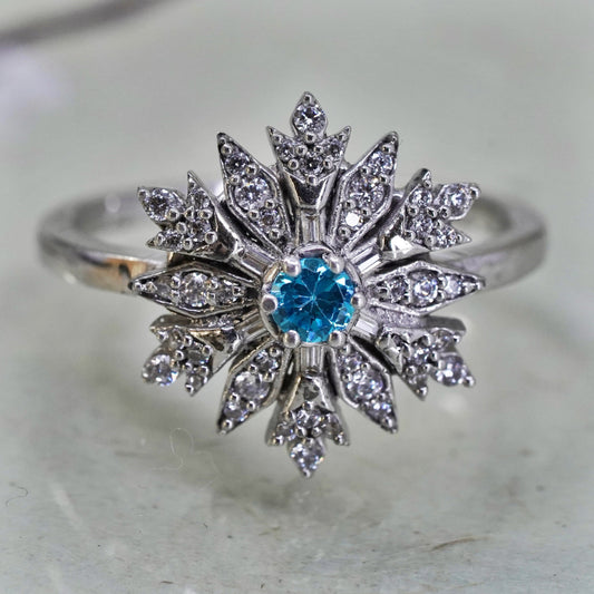 Size 8.75, 925 Sterling silver snowfalke ring with CZ cluster, engagement ring