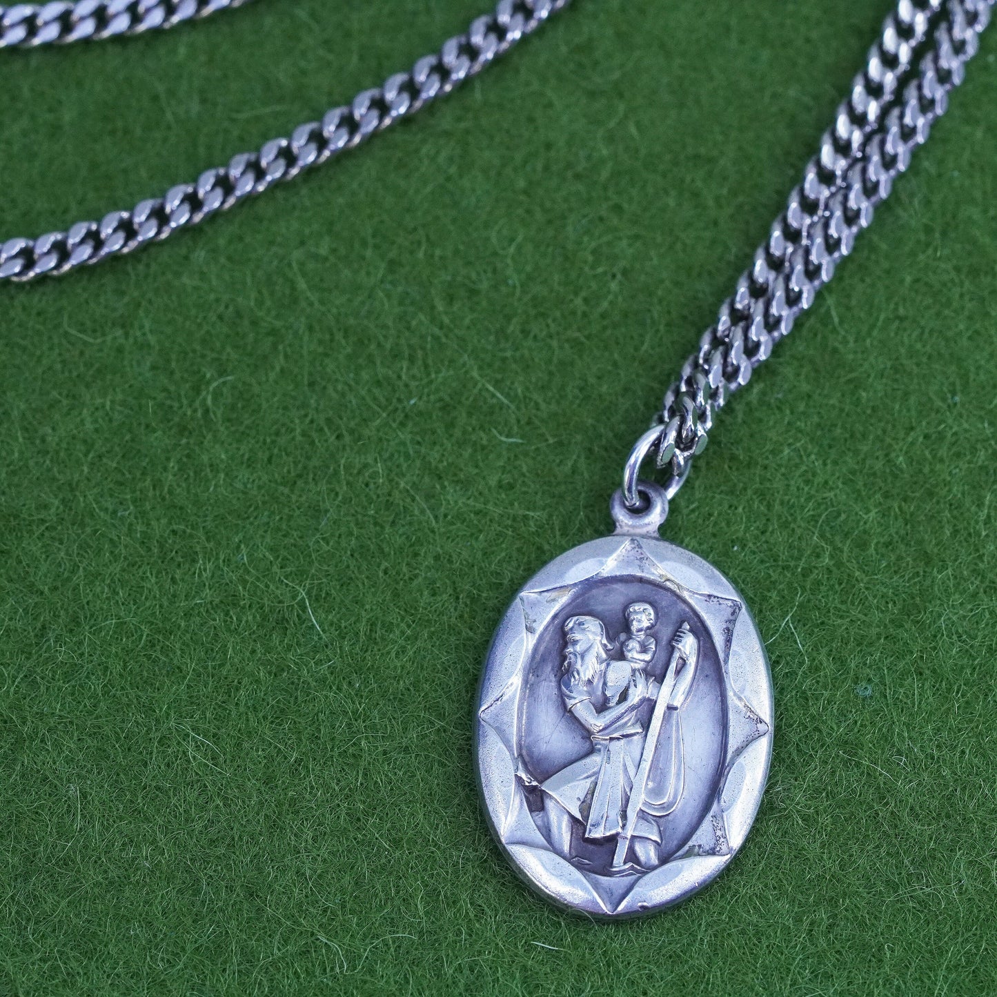 24”, sterling oval, 925 silver necklace pendant Saint Christopher protect us