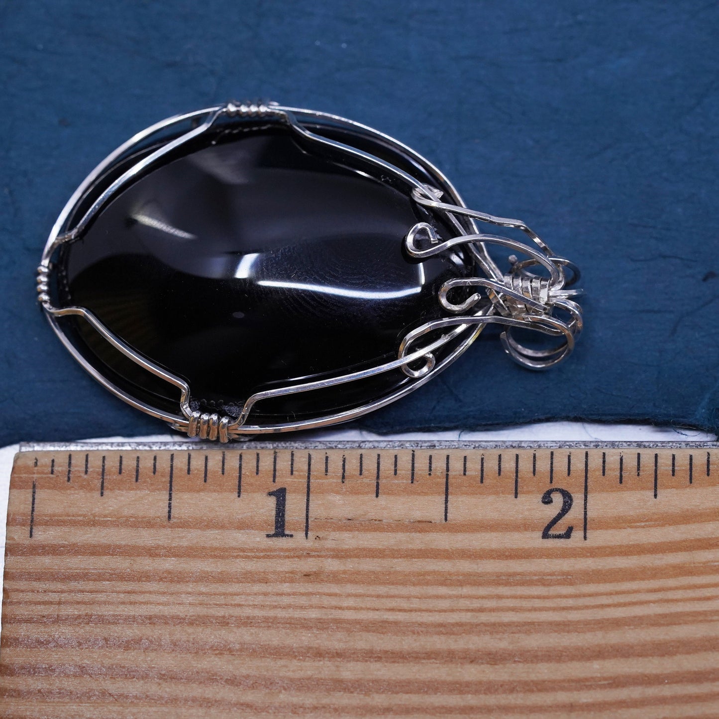 Vintage mexico sterling 925 silver handmade pendant with huge oval onyx