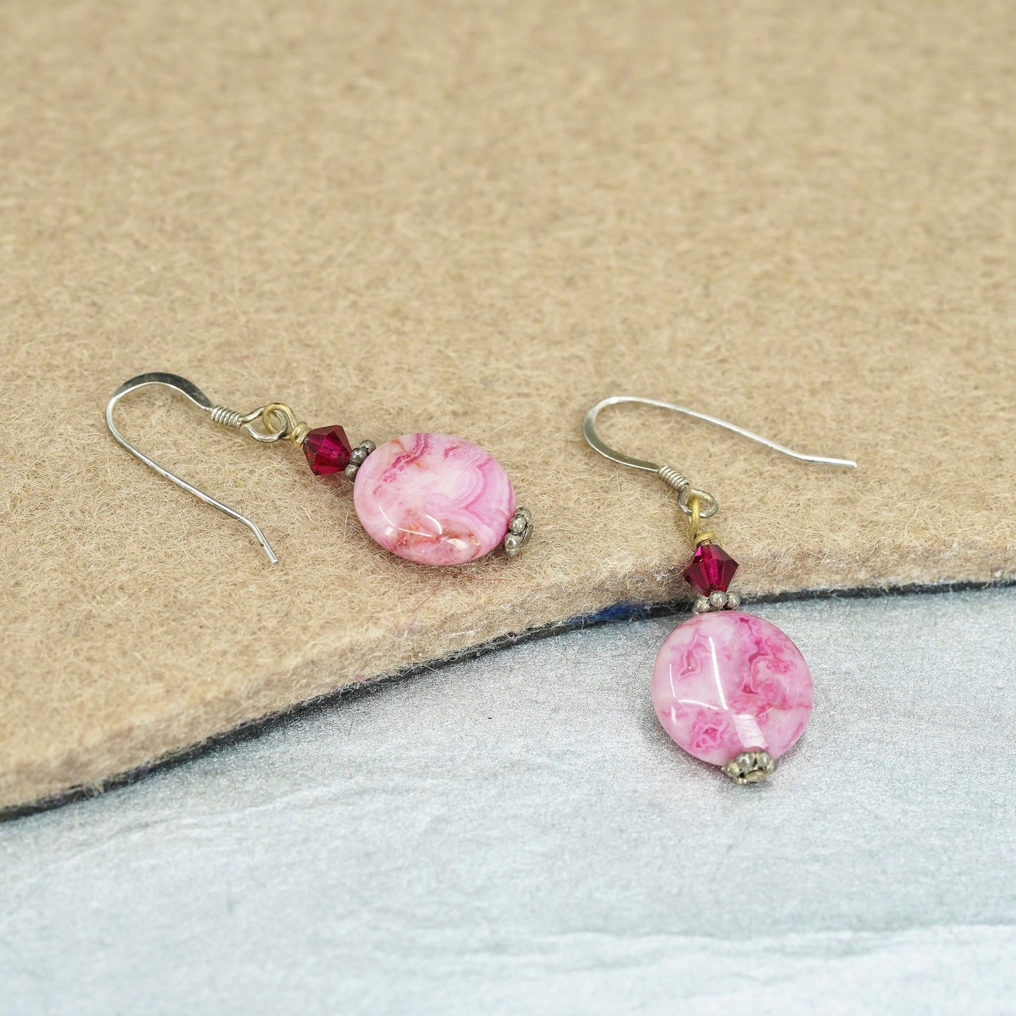 Vintage Sterling 925 silver earrings with pink agate beads