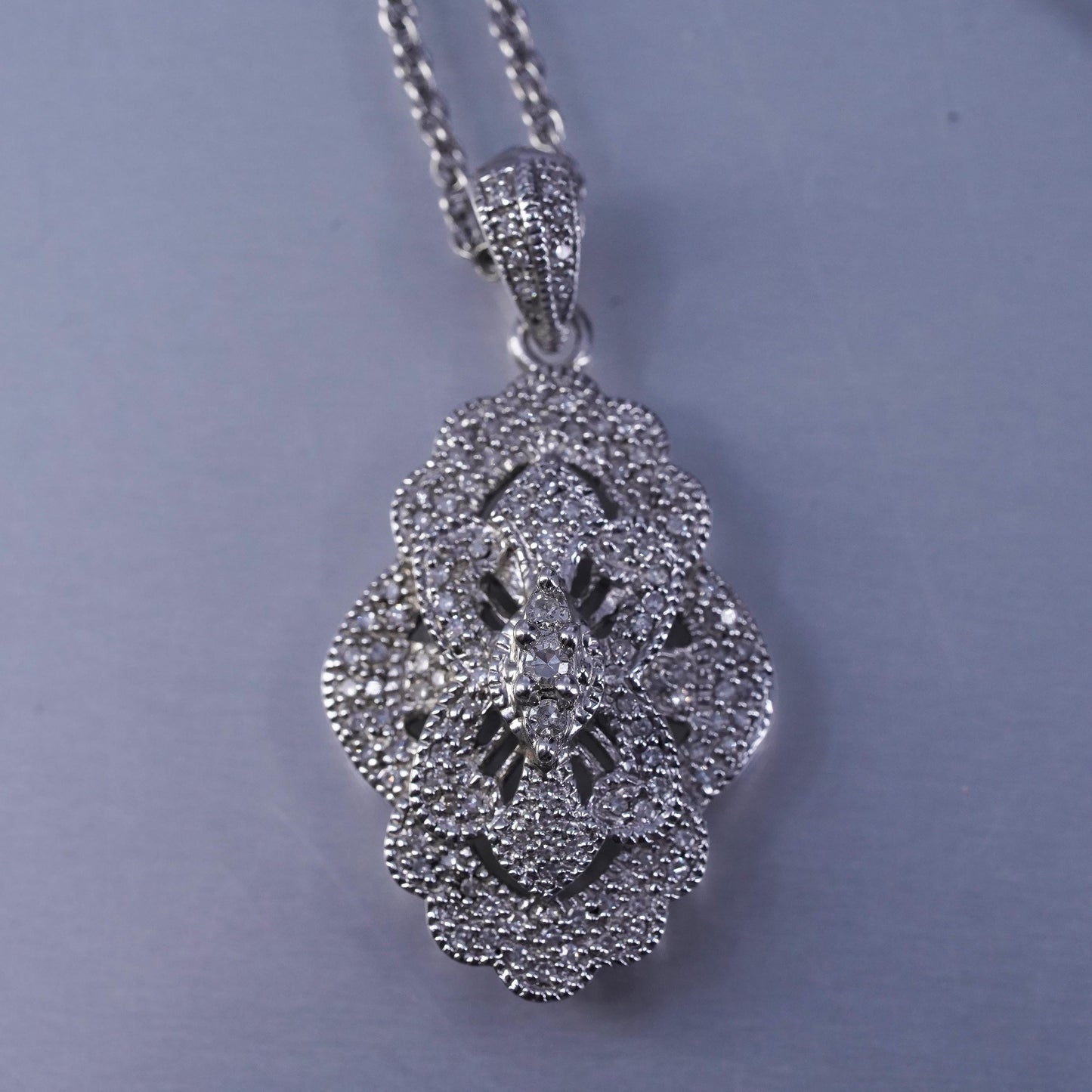 18”, VTG Sterling 925 silver Singapore rope pendant necklace diamond pendant