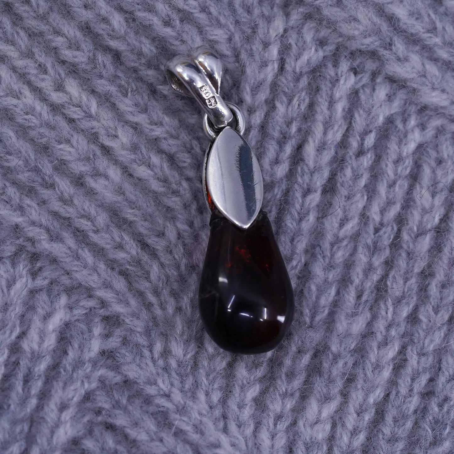 Vintage Sterling silver handmade teardrop pendant with amber