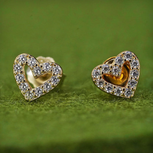 Vintage gold over sterling 925 silver heart cz studs, minimalist earrings