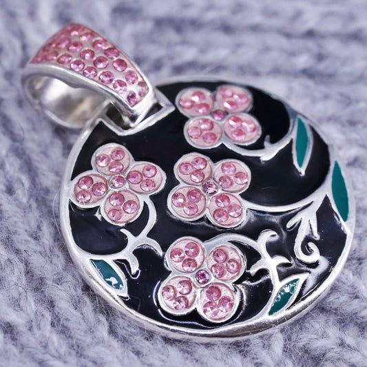 Sigal Sterling silver pendant, 925 black enamel circle with pink crystal flower