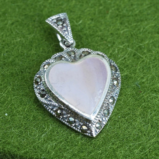 sterling 925 silver handmade heart pendant with mother of pearl and marcasites