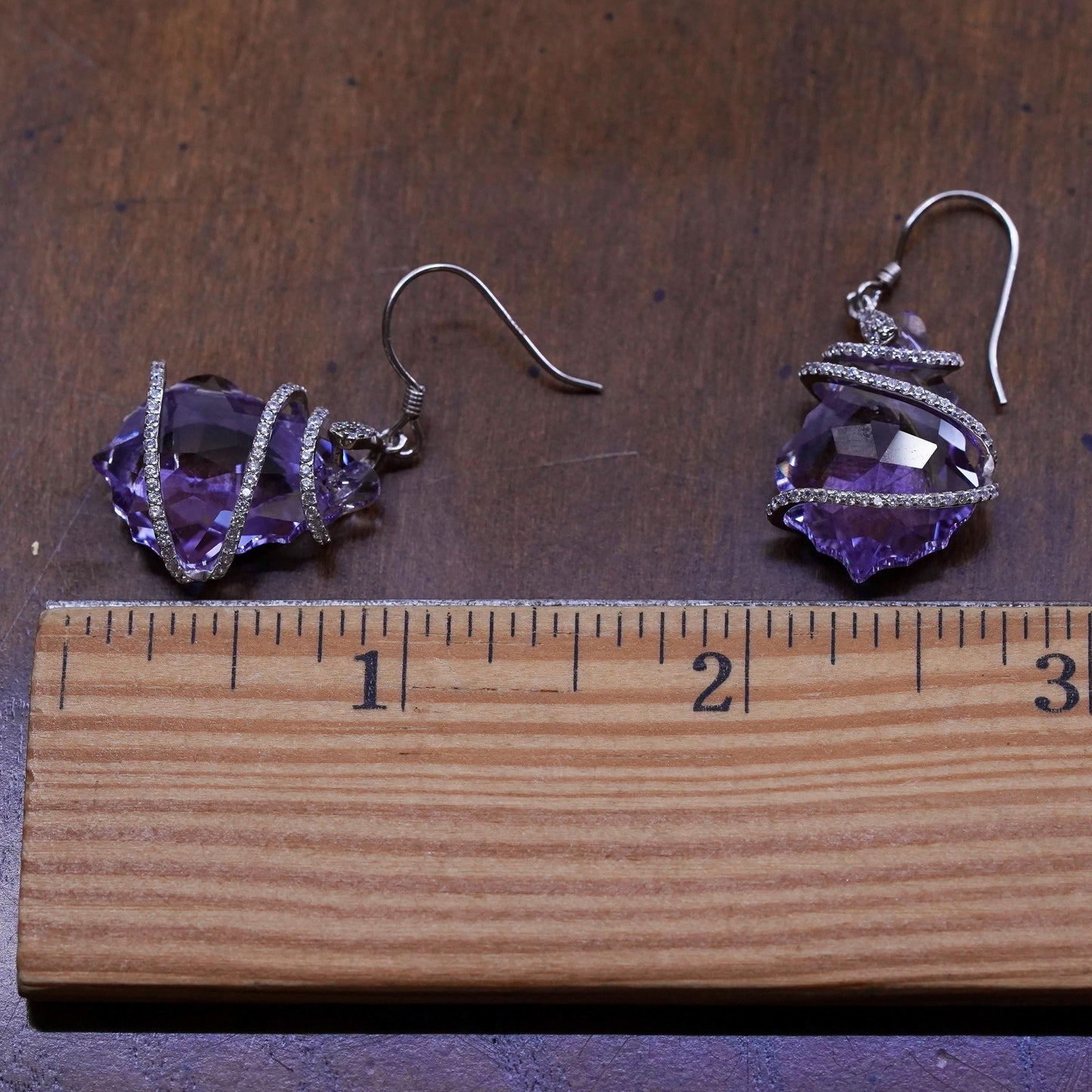 Vintage sterling 925 silver earrings with teardrop amethyst and crystal snake