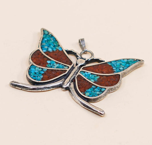 VTG sterling silver pendant, Native American 925 butterfly w/ turquoise n coral