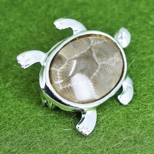 Vintage silver tone fossil coral turtle brooch