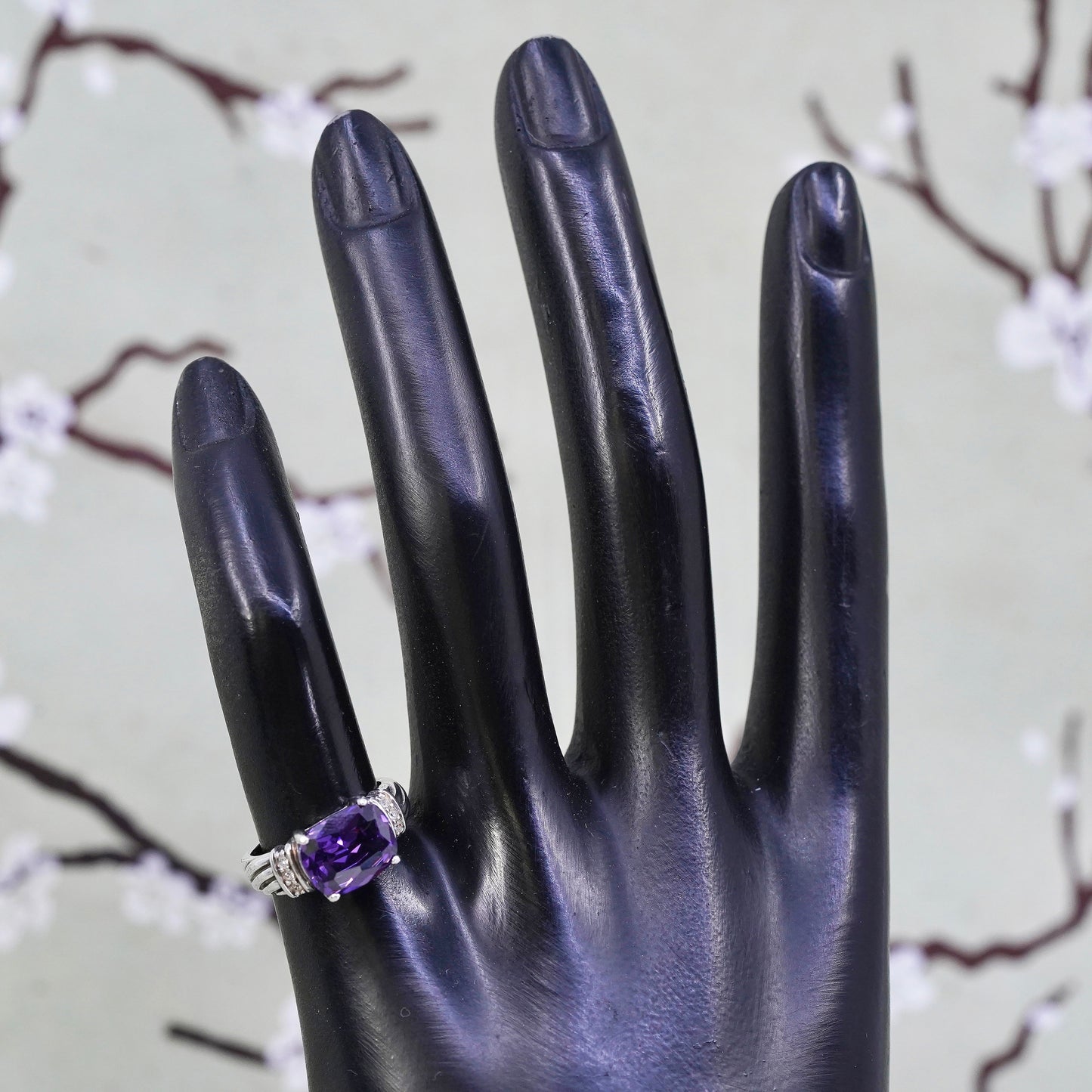 Size 5, vintage Sterling silver handmade ring, 925 with amethyst and Cz around