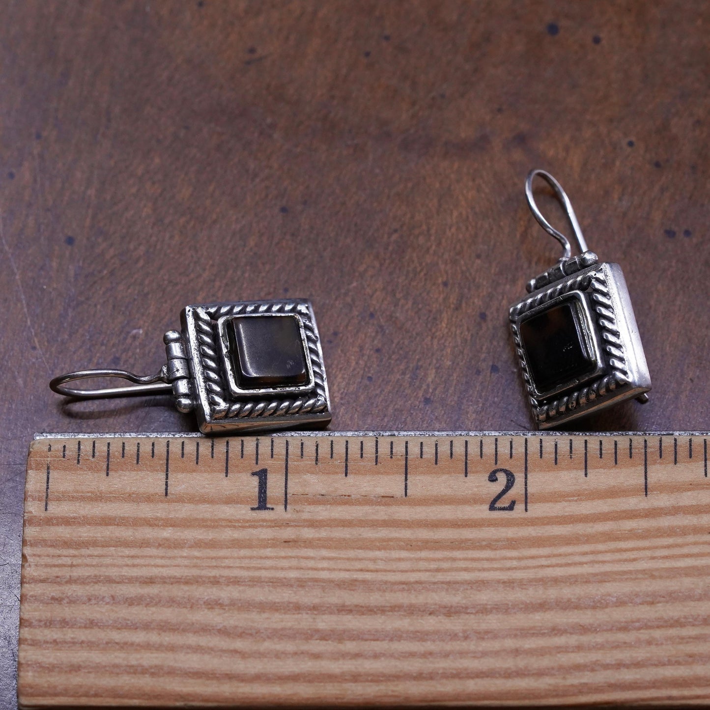 Vintage sterling 925 silver handmade square earrings with amber inlay