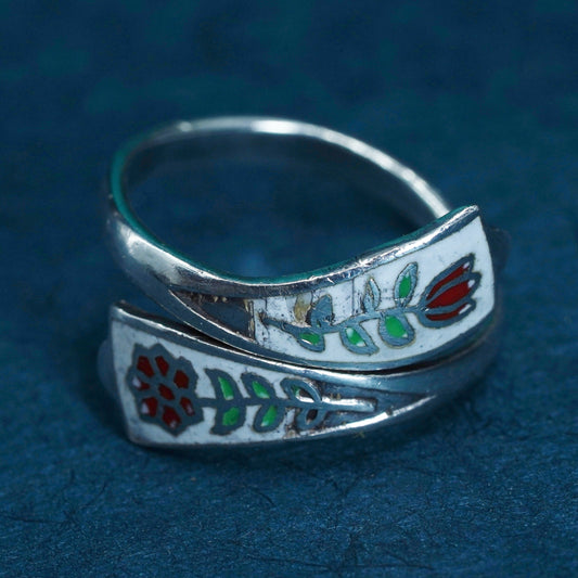 Size 4.5, vtg Mexican Sterling silver handmade ring, 925 stackable enamel band