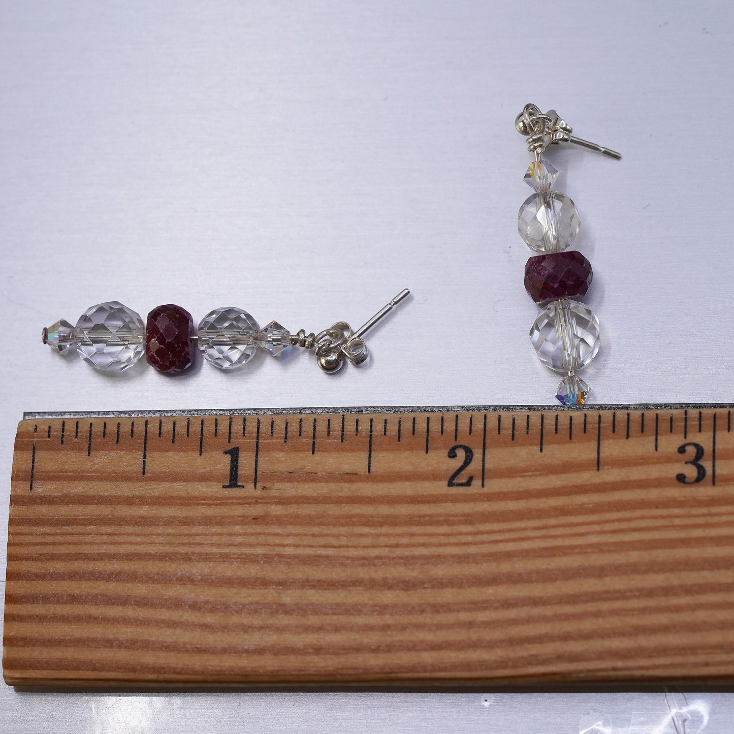 Vintage Sterling 925 silver handmade earrings with ruby and crystal beads