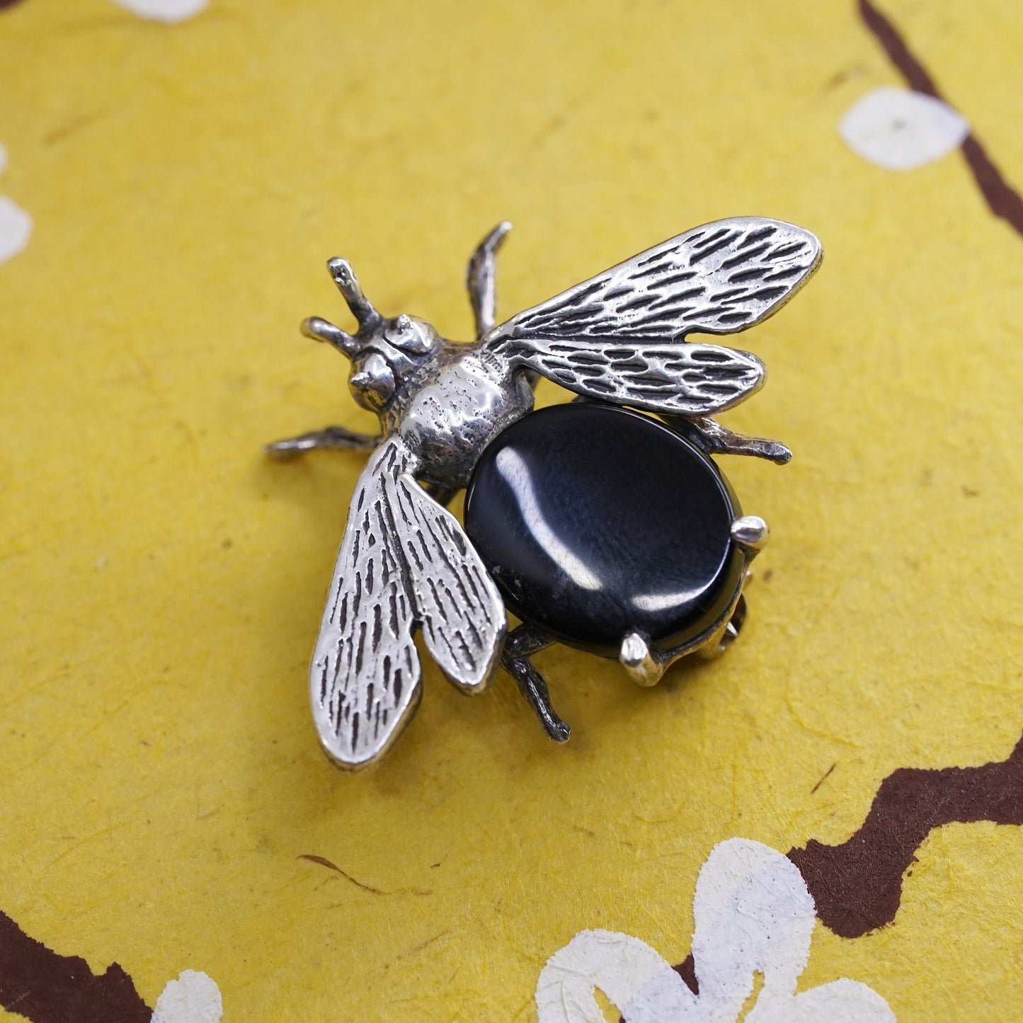 VTG handmade sterling silver brooch, Solid 925 silver bee marcasite obsidian