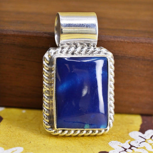 Vintage Mexico Sterling 925 silver rectangular pendant with oval blue goldstone