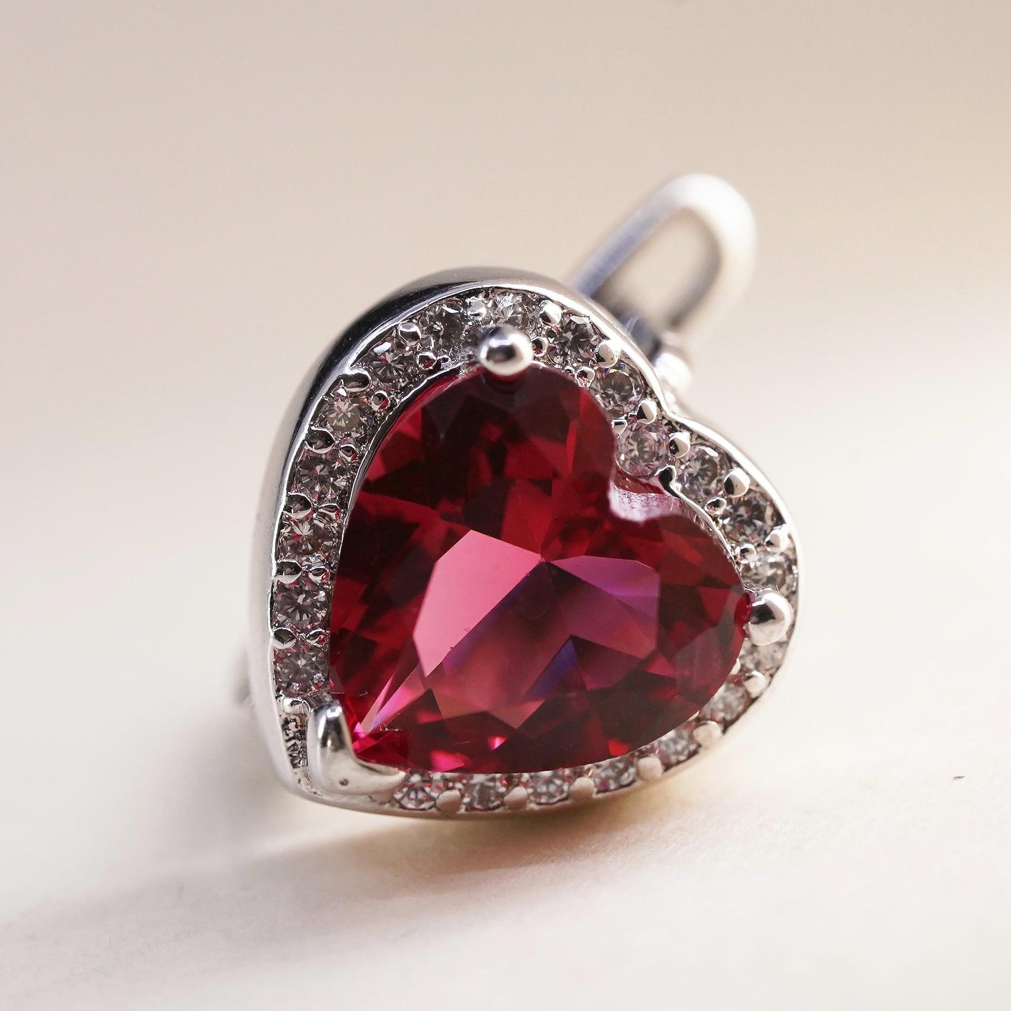 Vintage Sterling 925 silver handmade heart stud w/ ruby and cz, single earring